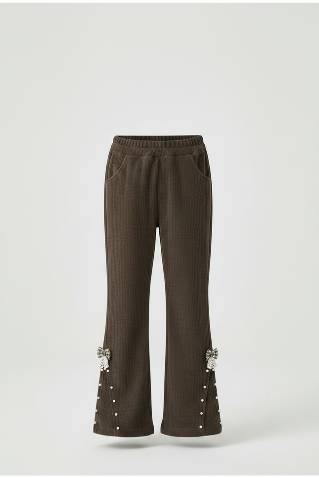Pantalon Patte D'Éléphant Marron Côtelé Évasé Nœuds Perles - Cordé - vue 3
