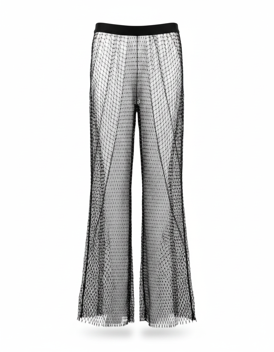 Pantalon Patte D'Éléphant Noir Résille Maille Évasé Transparent - vue 2