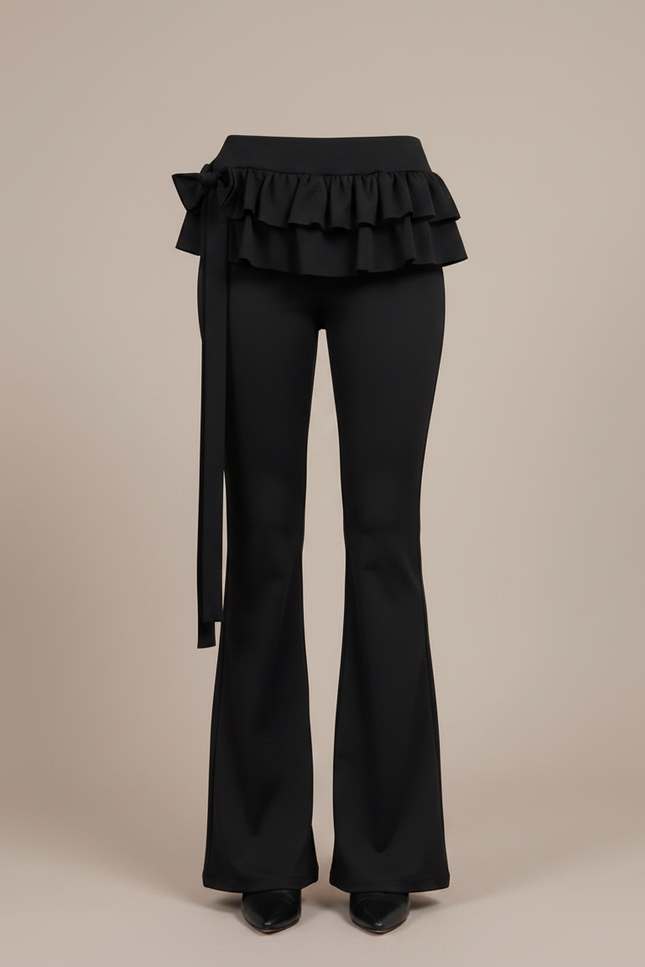 Pantalon Patte D'Éléphant Noir Volants Ceinture Fluide Élégant - Polyester - vue 3