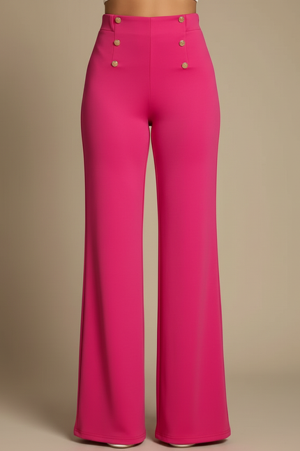 Pantalon Patte D'Éléphant Fuchsia Taille Haute Boutons Dorés Élégant - Rose Polyester - vue 3