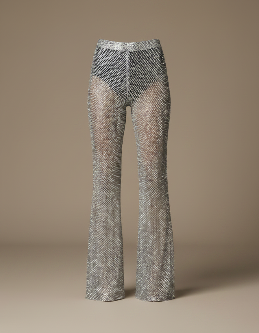 Pantalon Patte D'Éléphant Transparent Pailleté Argenté Maille Évasé - vue 2