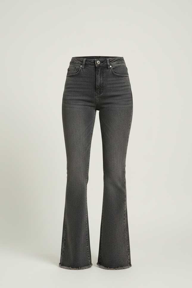 Pantalon Patte D'Éléphant Gris Délavé Taille Haute Effiloché - Jean - vue 3
