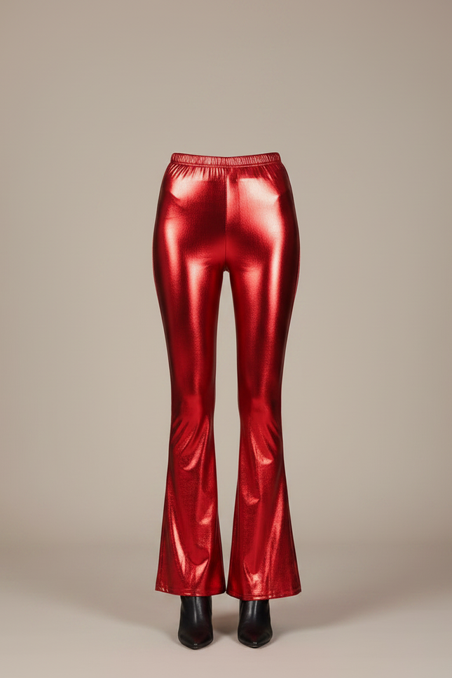 Pantalon Patte D'Éléphant Rouge Métallisé Brillant Évasé Disco - Polyester - vue 3