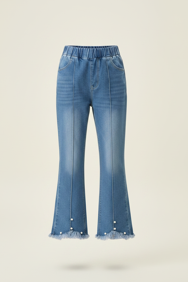 Pantalon Patte D'Éléphant Denim Bleu Élastique Perles Franges Fille - Jean - vue 3