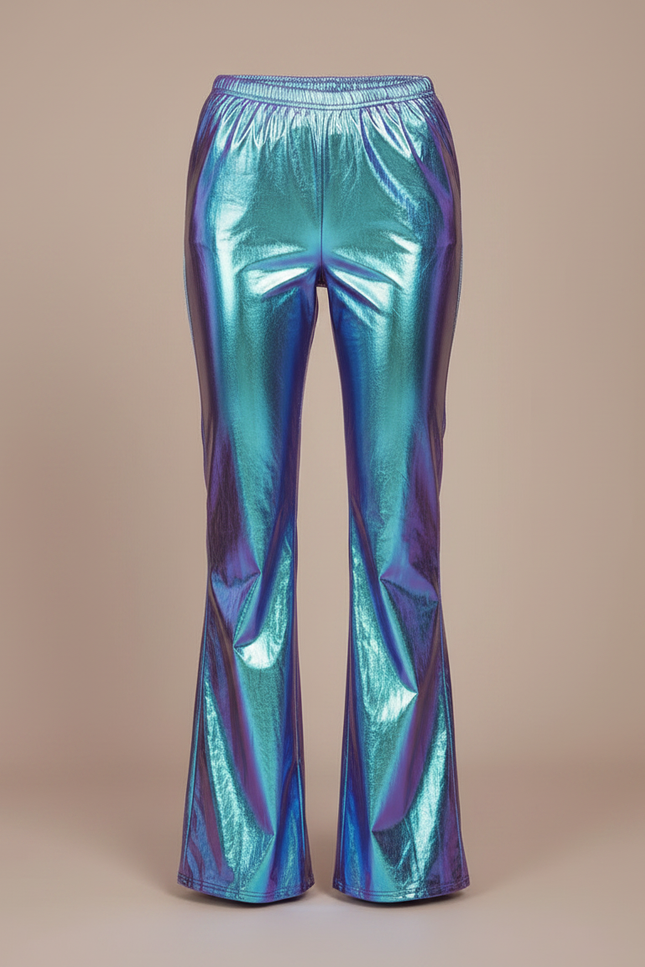 Pantalon Patte D'Éléphant Métallique Brillant Holographique Bleu Vert Fluide - Multicolore Polyester - vue 3