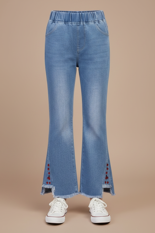 Pantalon Patte D'Éléphant Jean Bleu Frangé Boutons Fille - vue 3