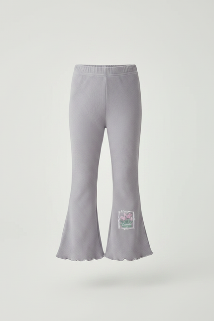 Pantalon Patte D'Éléphant Gris Côtelé Évasé Fleuri Fille - Maille - vue 3