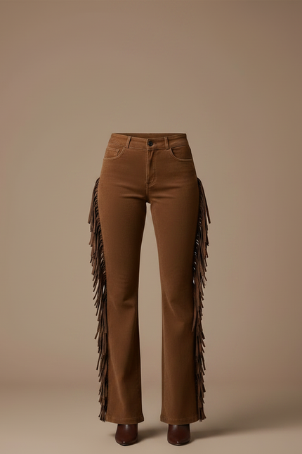 Pantalon Patte D'Éléphant Marron Franges Daim Vintage Femme - Cordé - vue 3