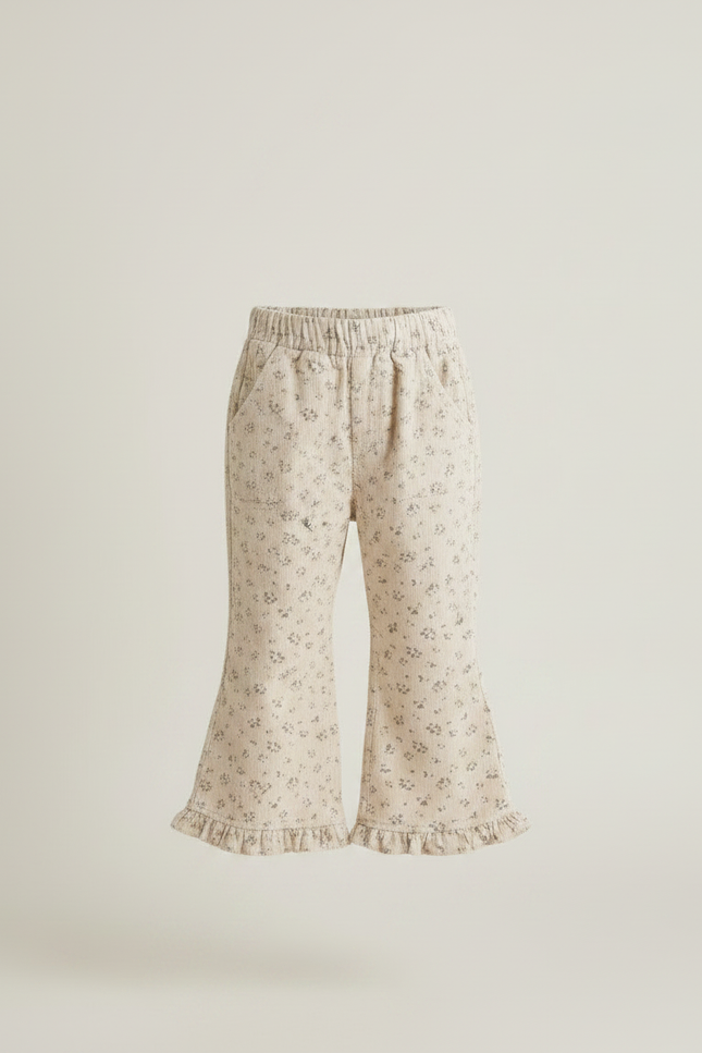 Pantalon Patte D'Éléphant Beige Fleuri Côtelé Volants Enfant - Imprimé Cordé - vue 3