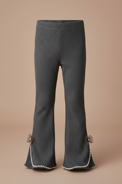 Pantalon Patte D'Éléphant Gris Côtelé Évasé Nœuds Enfant - Maille - vue 3