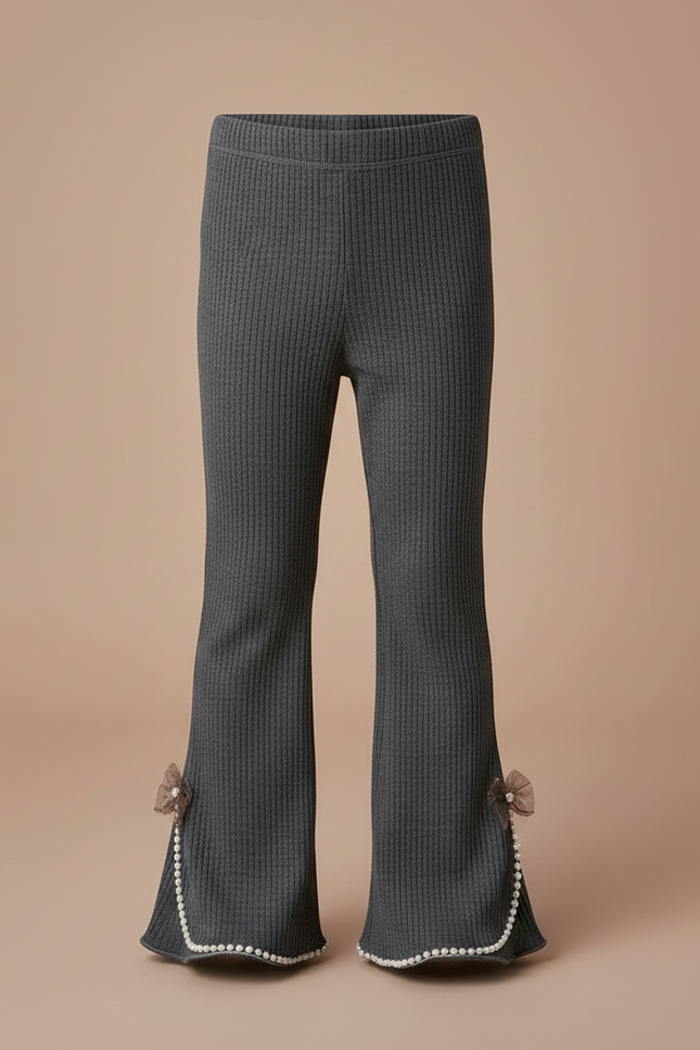 Pantalon Patte D'Éléphant Gris Côtelé Évasé Nœuds Enfant - Maille - vue 3