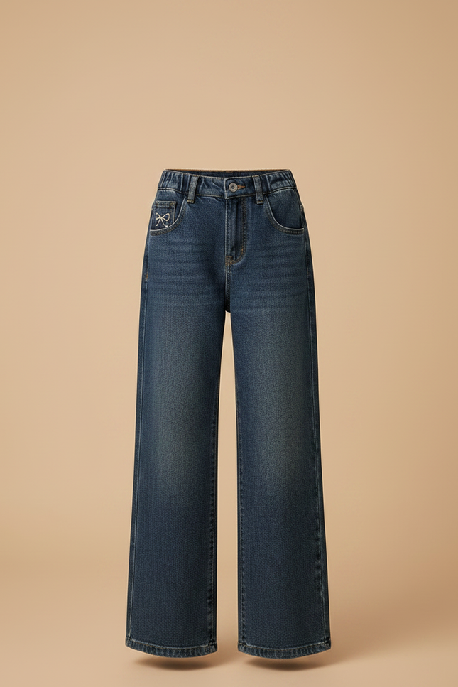 Pantalon Patte D'Éléphant Denim Large Nœud Élastique Fille - Marine Jean - vue 3
