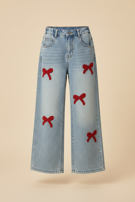 Pantalon Patte D'Éléphant Denim Large Nœuds Rouges Fille - Bleu Jean - vue 3