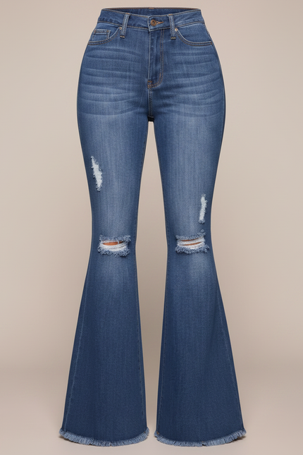 Pantalon Patte D'Éléphant Denim Bleu Délavé Évasé Déchiré Femme - Jean - vue 3