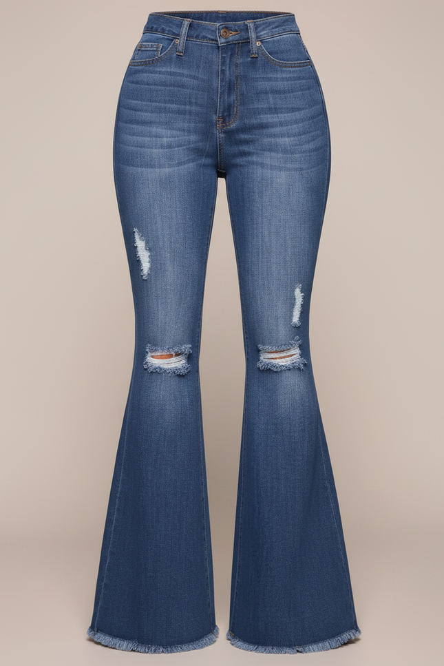 Pantalon Patte D'Éléphant Denim Bleu Délavé Évasé Déchiré Femme - Jean - vue 3