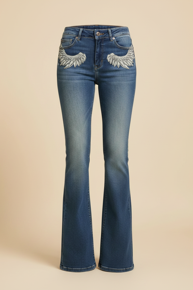 Pantalon Patte D'Éléphant Jean Bleu Brodé Taille Basse - vue 3