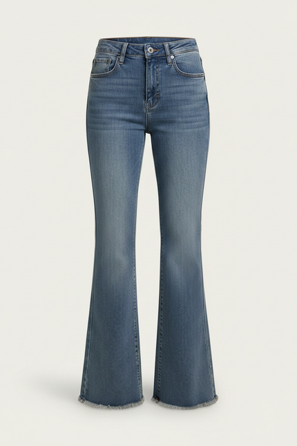 Pantalon Patte D'Éléphant Denim Bleu Effiloché Taille Haute - Jean - vue 3
