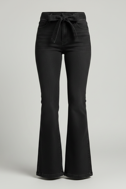 Pantalon Patte D'Éléphant Noir Évasé Taille Haute Ceinturé - Jean - vue 3