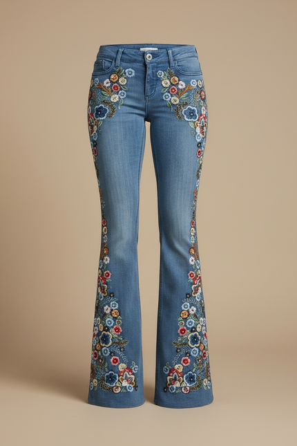 Pantalon Patte D'Éléphant En Jean Brodé Floral, Évasé, Élégant - Bleu - vue 3