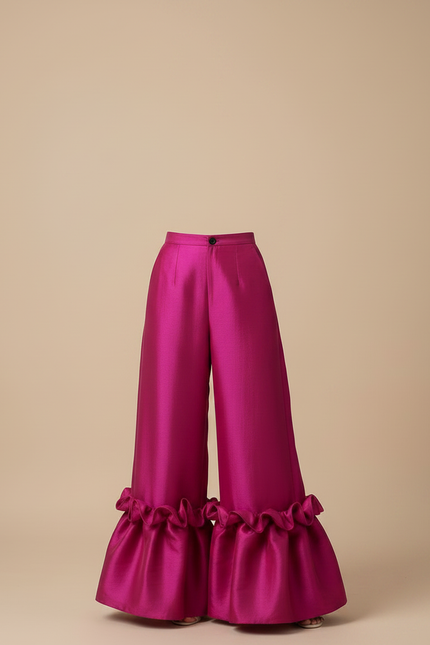 Pantalon Patte D'Éléphant Fuchsia Satiné Volants Élégant - Rose - vue 3