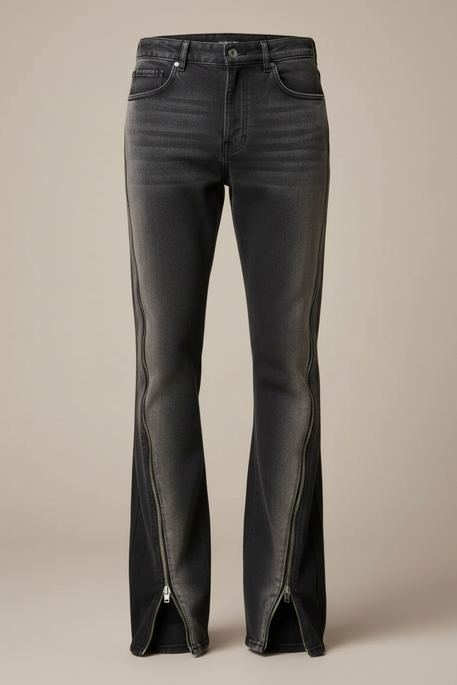 Pantalon Patte D'Éléphant Noir Déchiré Zippé Évasé Homme - Gris Jean - vue 3