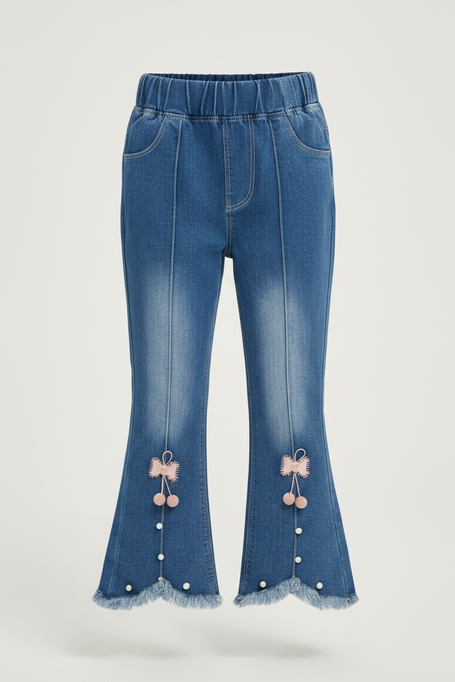 Pantalon Patte D'Éléphant Jean Bleu Frangé Nœuds Pompons Fille - vue 3