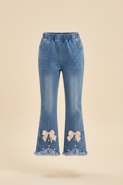 Pantalon Patte D'Éléphant Fille Bleu Frangé Nœuds Papillon - Jean - vue 3