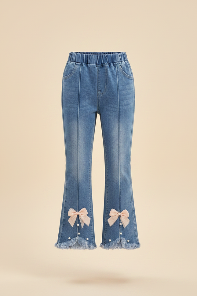 Pantalon Patte D'Éléphant Fille Bleu Frangé Nœuds Papillon - Jean - vue 3