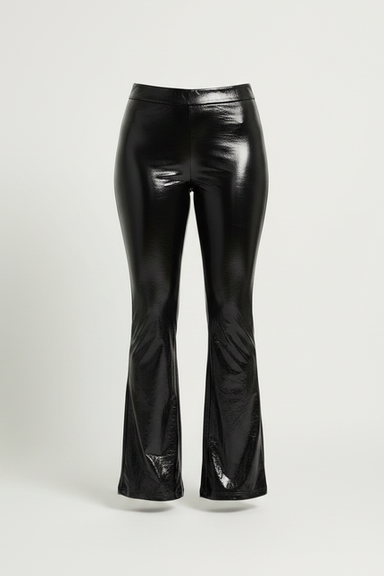 Pantalon Patte D'Éléphant Noir Brillant Similicuir Taille Haute Femme - Simili cuir - vue 3