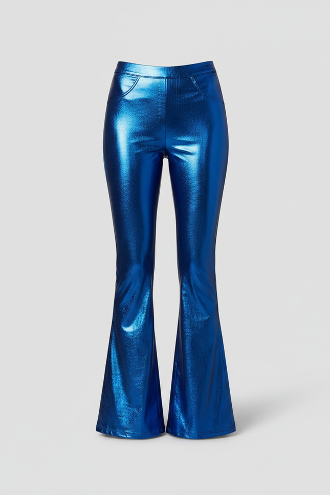 Pantalon Patte D'Éléphant Bleu Métallisé Brillant Évasé Disco - Simili cuir - vue 3