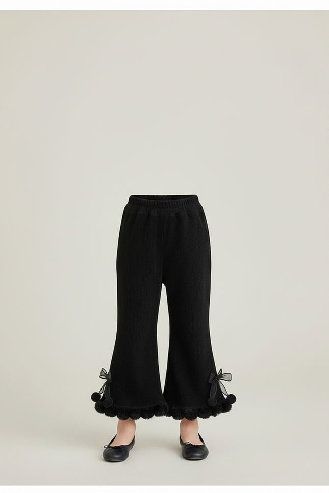 Pantalon Patte D'Éléphant Noir Évasé Pompons Fille - Maille - vue 3