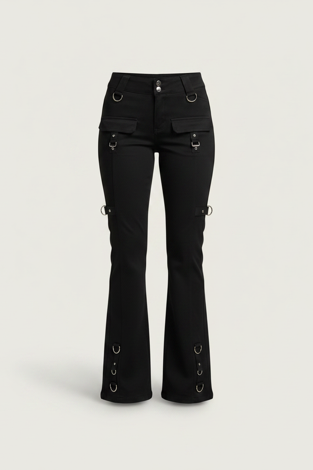 Pantalon Patte D'Éléphant Noir Évasé Anneaux Métal - Gabardine - vue 3