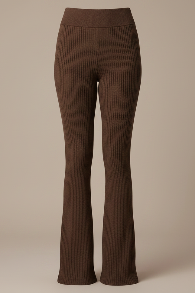 Pantalon Patte D'Éléphant Marron Côtelé Taille Haute Stretch - Maille - vue 3