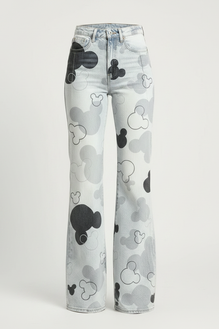 Pantalon Patte D'Éléphant Imprimé Mickey Délavé Taille Haute - Jean - vue 3