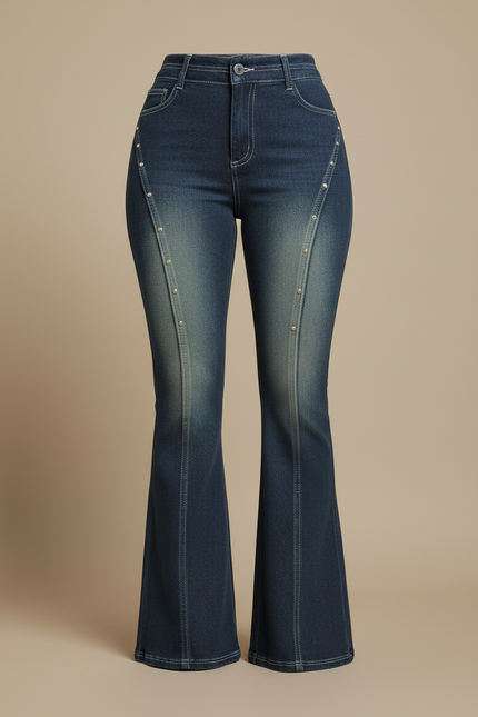 Pantalon Patte D'Éléphant Denim Bleu Délavé Clouté Taille Haute - Jean - vue 3