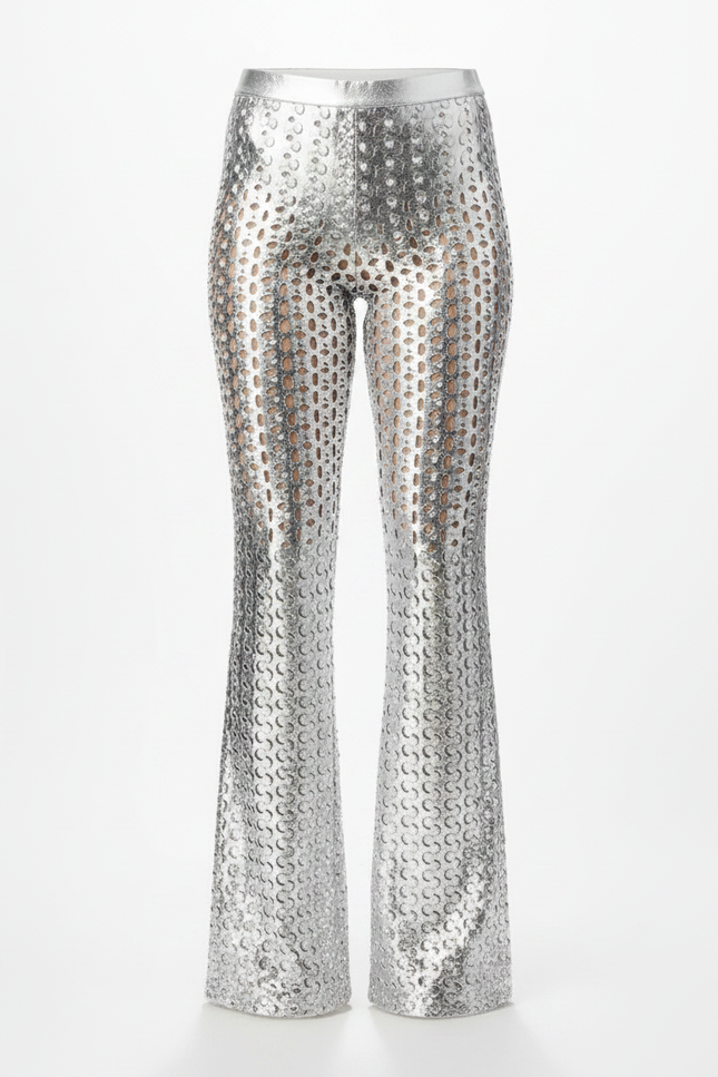 Pantalon Patte D'Éléphant Métallique Argenté Évasé Découpé Sexy - Maille - vue 3