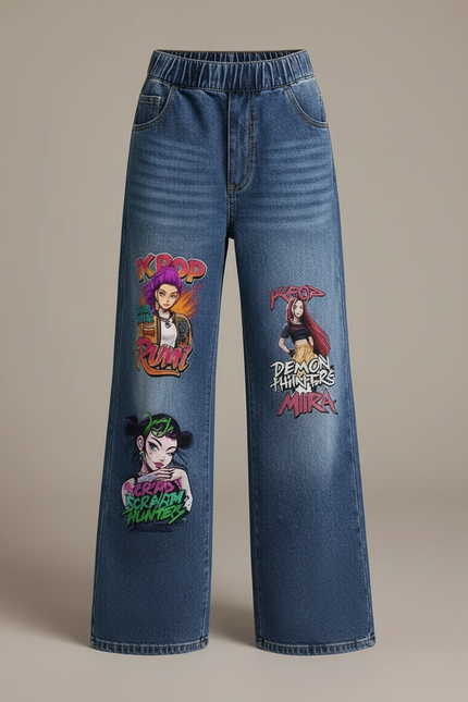 Pantalon Patte D'Éléphant Fille Denim Imprimé Large Casual - Bleu Jean - vue 3