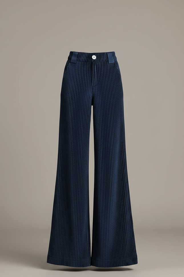 Pantalon Patte D'Éléphant Côtelé Bleu Marine Taille Haute Élégant - Cordé - vue 3