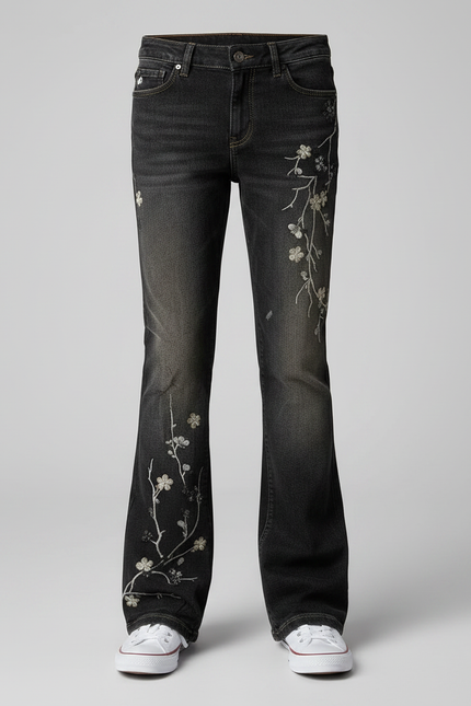 Pantalon Patte D'Éléphant Noir Brodé Fleuri Décontracté Enfant - Jean - vue 3