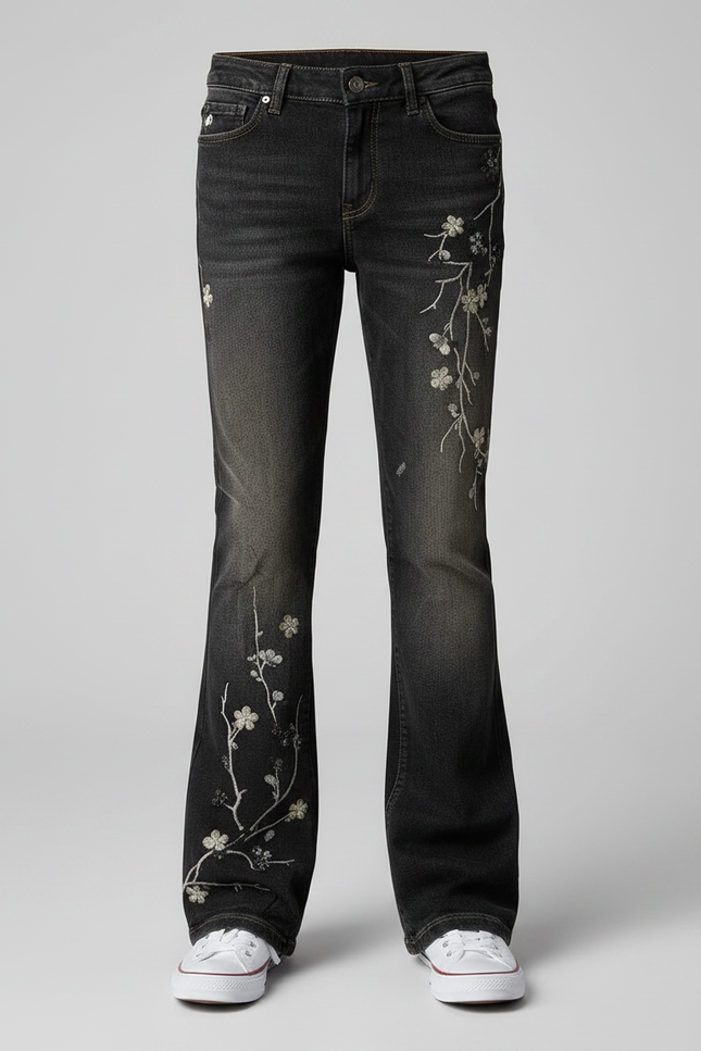 Pantalon Patte D'Éléphant Noir Brodé Fleuri Décontracté Enfant - Jean - vue 3