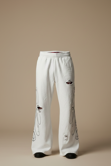 Pantalon Patte D'Éléphant Blanc Destroy Brodé Y2K Homme - Molleton - vue 3