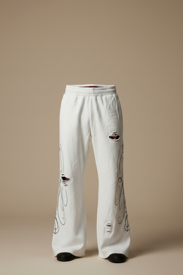 Pantalon Patte D'Éléphant Blanc Destroy Brodé Y2K Homme - Molleton - vue 3